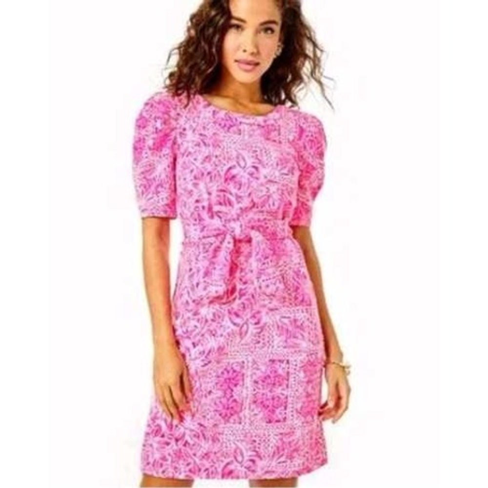Lilly Pulitzer Pink Blossom Suite Regatta Knit Puff Sleeve Dress Large